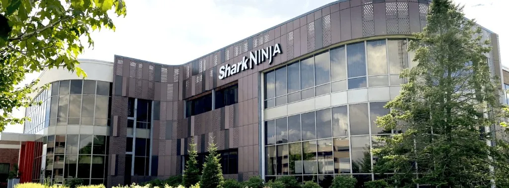 SharkNinja global headquarters exterior with SharkNinja signage, Needham, Massachusetts